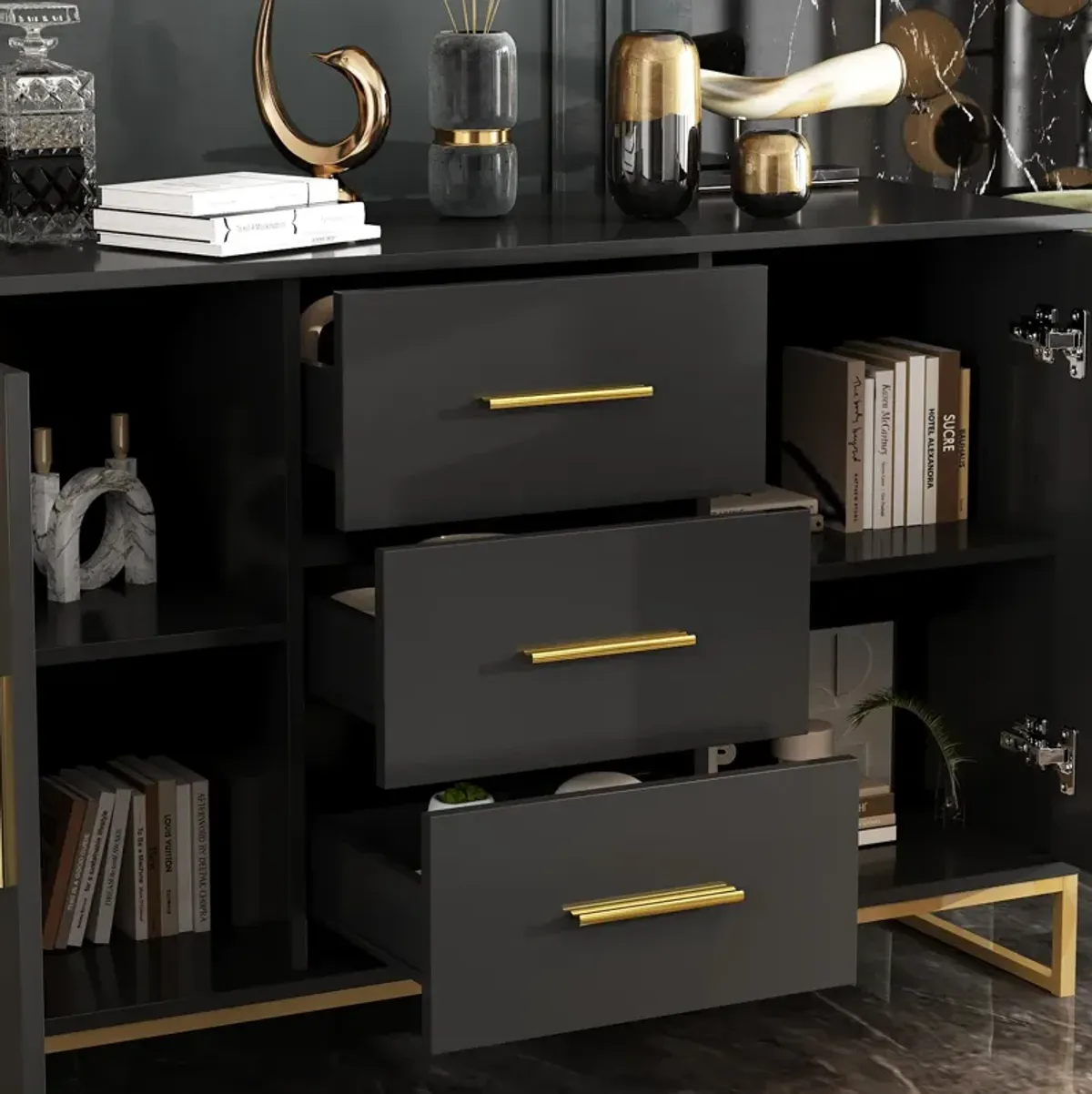 Black Storage Accent Cabinets with 3-Drawers and 2-Cabinets, Metal Legs Cupboard Floor-Standing Sideboard