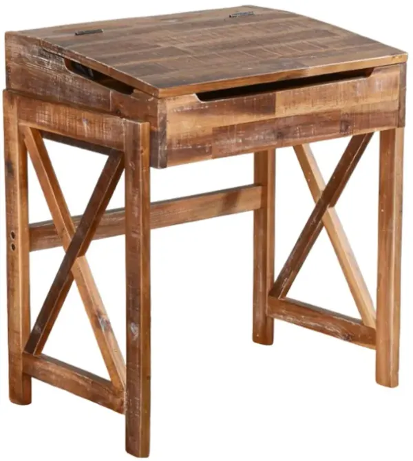 Havi School Desk, 28 Inch Flip Top Storage, X Base, Rustic Light Brown - Benzara