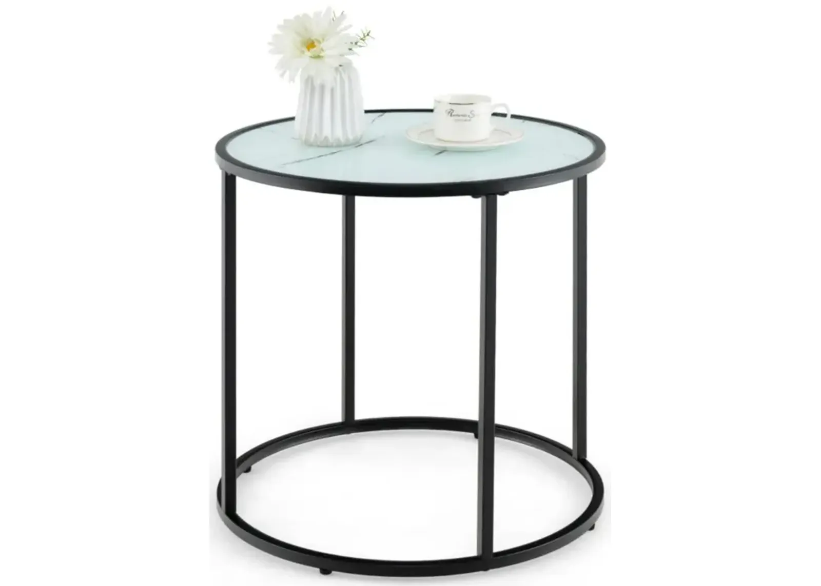 Hivvago 20 Inch Glass End Table with Metal Frame and Faux Marble Glass Top