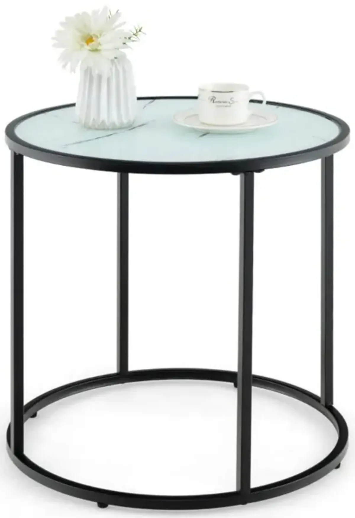 Hivvago 20 Inch Glass End Table with Metal Frame and Faux Marble Glass Top