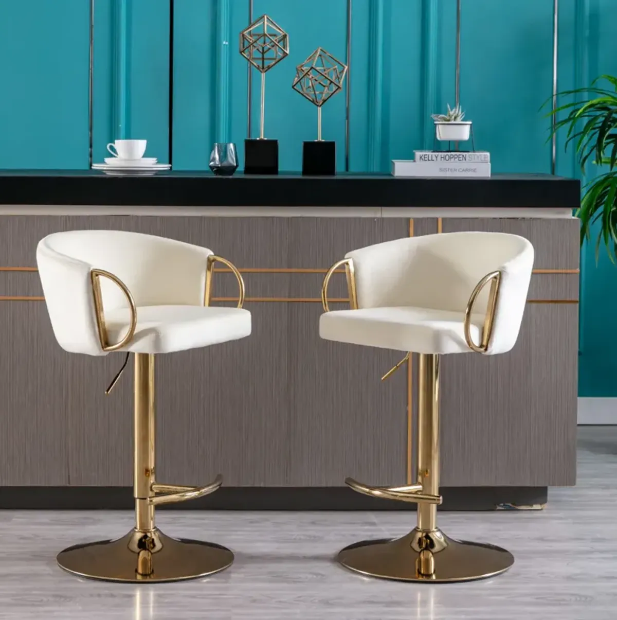 Set of 2 Bar Stools, with Chrome Footrest and Base Swivel Height Adjustable Mechanical Lifting Velvet + Golden Leg Simple Bar Stool-Ivory