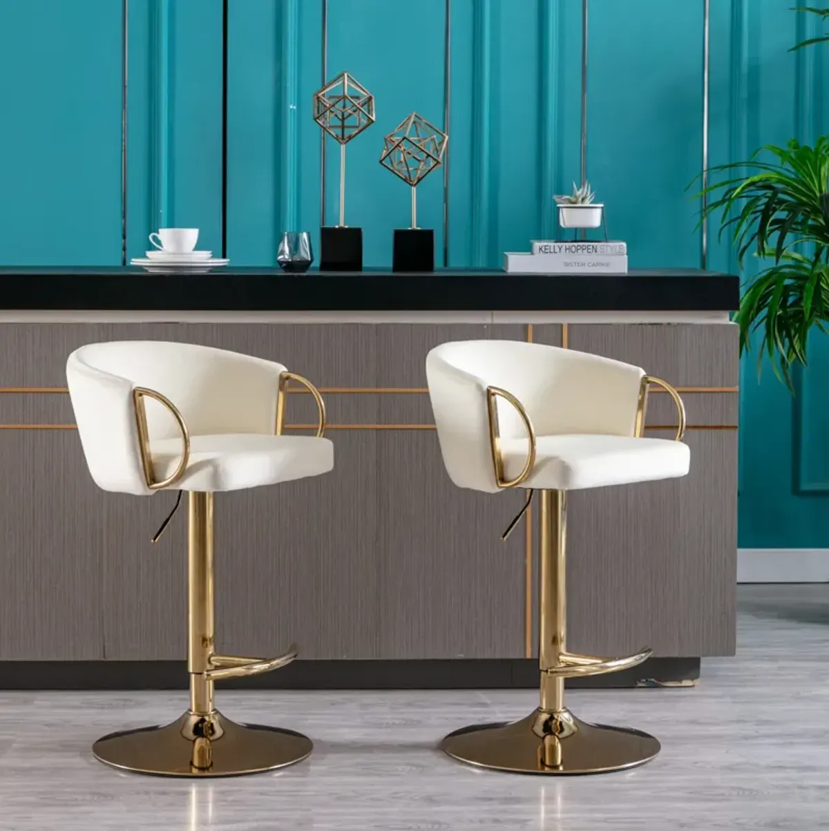 Set of 2 Bar Stools, with Chrome Footrest and Base Swivel Height Adjustable Mechanical Lifting Velvet + Golden Leg Simple Bar Stool-Ivory