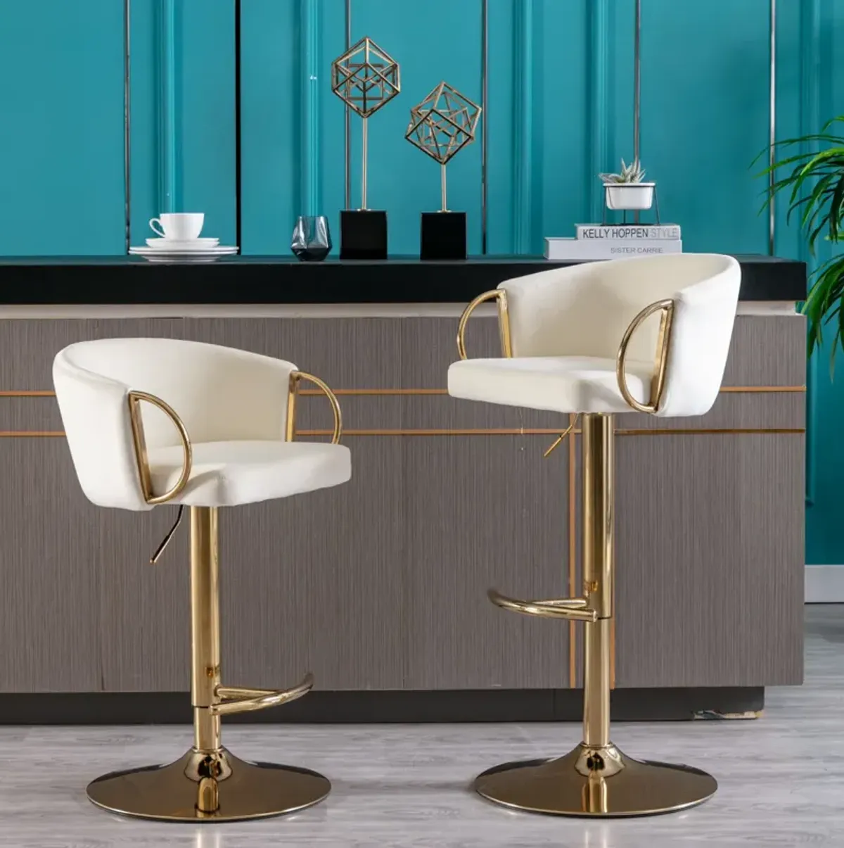 Set of 2 Bar Stools, with Chrome Footrest and Base Swivel Height Adjustable Mechanical Lifting Velvet + Golden Leg Simple Bar Stool-Ivory