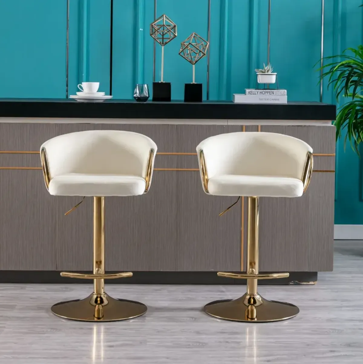 Set of 2 Bar Stools, with Chrome Footrest and Base Swivel Height Adjustable Mechanical Lifting Velvet + Golden Leg Simple Bar Stool-Ivory