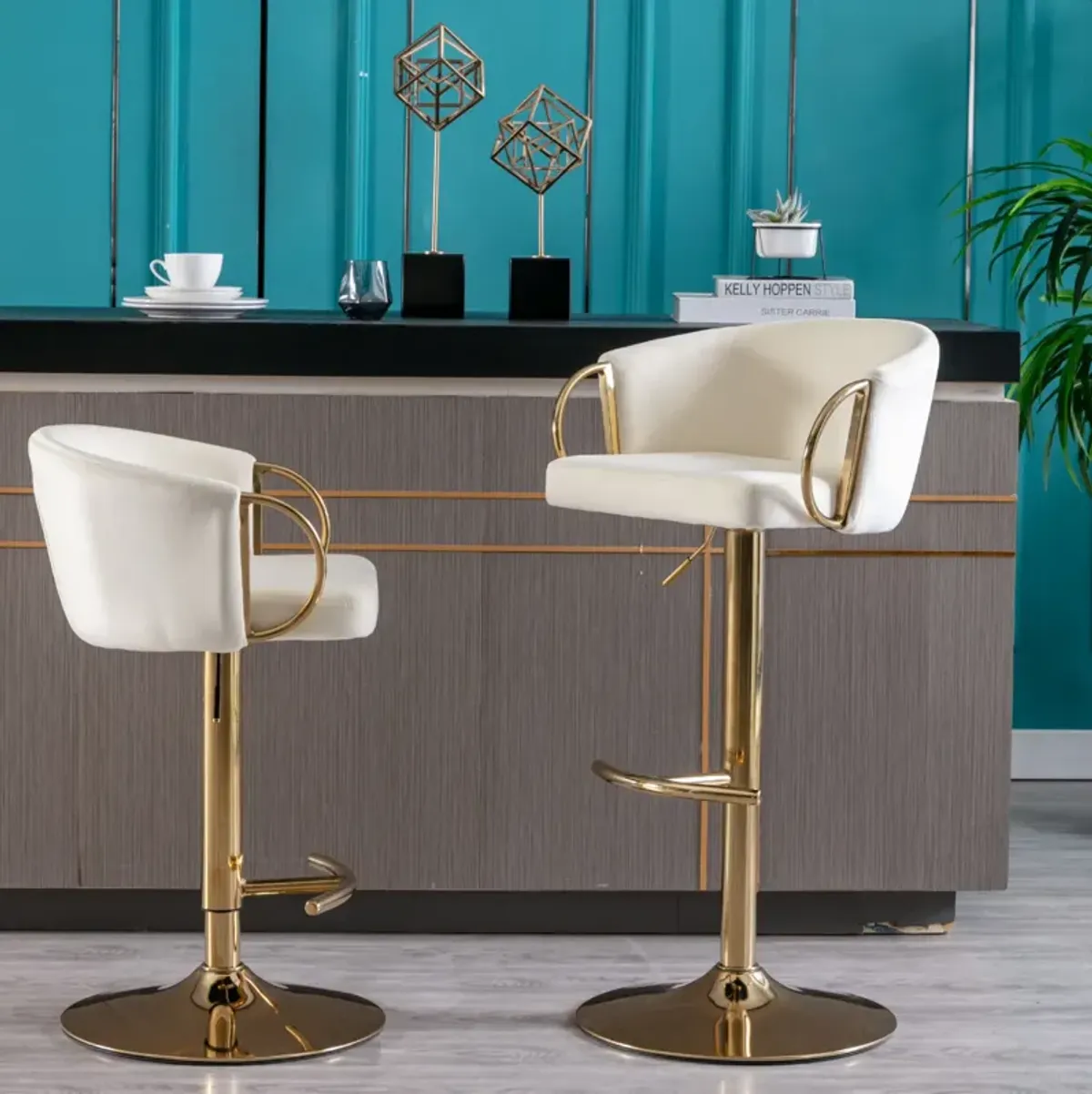 Set of 2 Bar Stools, with Chrome Footrest and Base Swivel Height Adjustable Mechanical Lifting Velvet + Golden Leg Simple Bar Stool-Ivory