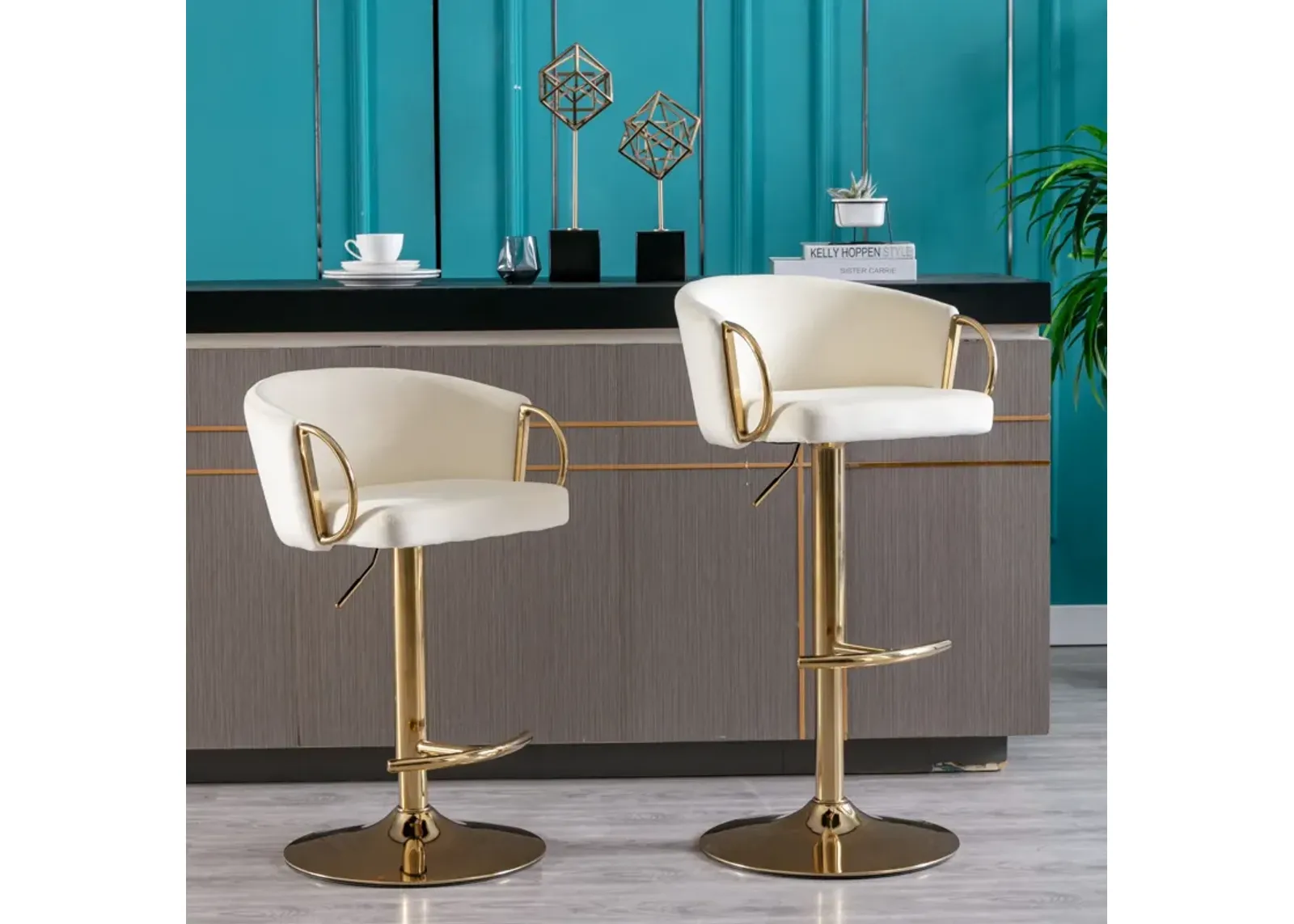 Set of 2 Bar Stools, with Chrome Footrest and Base Swivel Height Adjustable Mechanical Lifting Velvet + Golden Leg Simple Bar Stool-Ivory