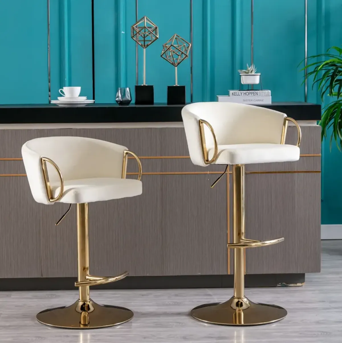 Set of 2 Bar Stools, with Chrome Footrest and Base Swivel Height Adjustable Mechanical Lifting Velvet + Golden Leg Simple Bar Stool-Ivory