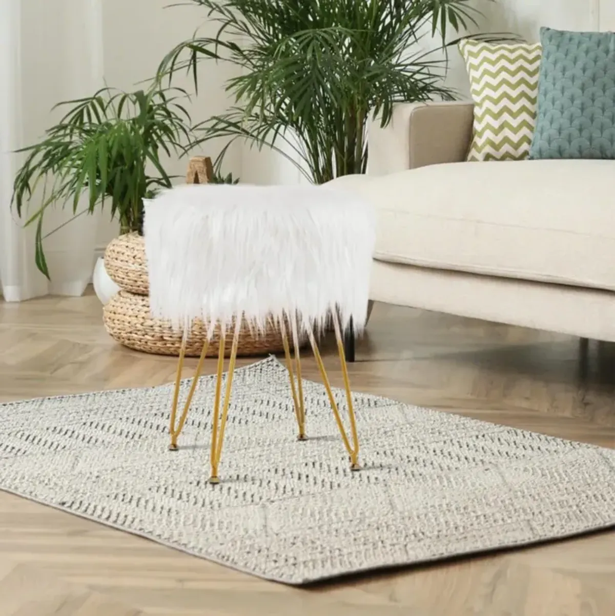 Hivvago Faux Fur Vanity Stool Chair with Metal Legs for Bedroom and Living Room-White