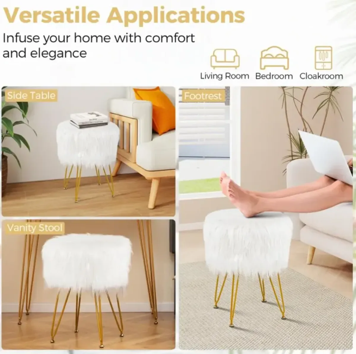 Hivvago Faux Fur Vanity Stool Chair with Metal Legs for Bedroom and Living Room-White