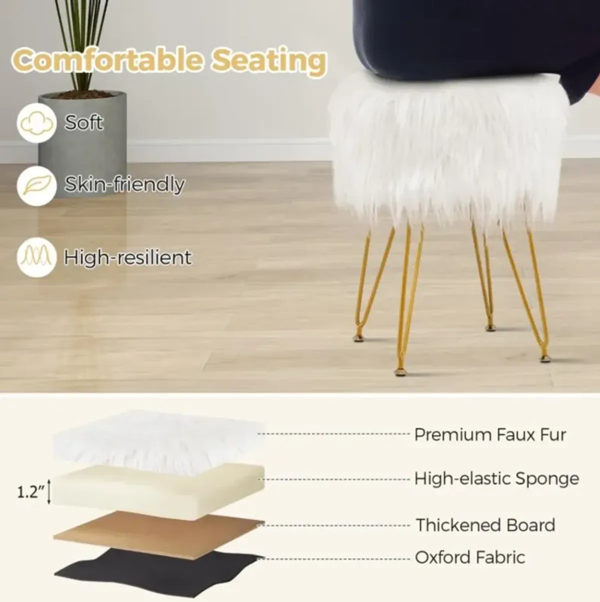 Hivvago Faux Fur Vanity Stool Chair with Metal Legs for Bedroom and Living Room-White