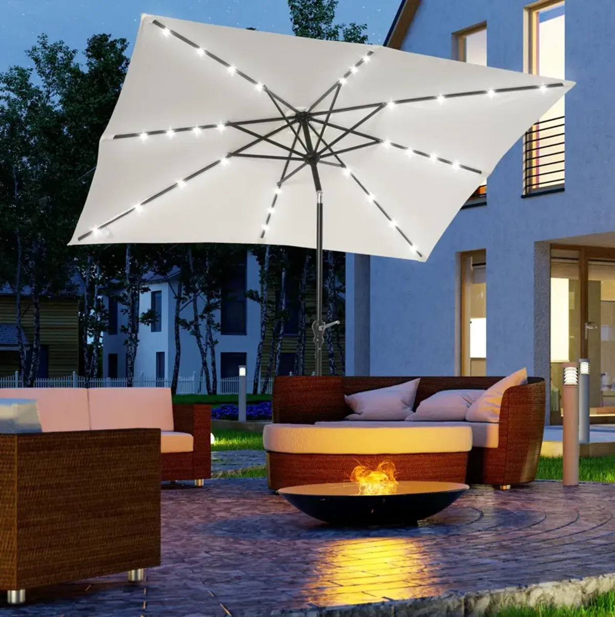 White Outdoor Canopy: 9x7 ft Patio Umbrella with Solar LEDs