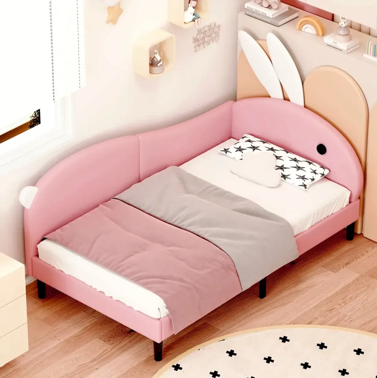 Twin size Upholstered Rabbit-Shape Daybed, Sofabed with Rabbit Ear Headboard, Pink