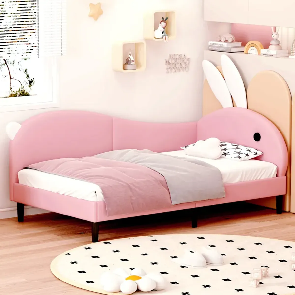 Twin size Upholstered Rabbit-Shape Daybed, Sofabed with Rabbit Ear Headboard, Pink