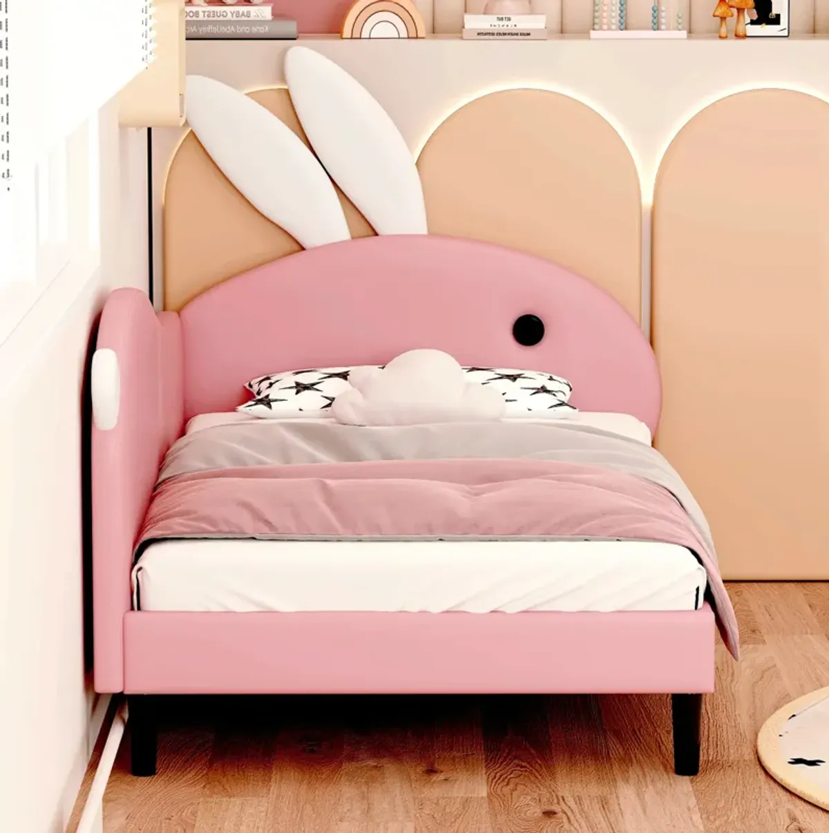 Twin size Upholstered Rabbit-Shape Daybed, Sofabed with Rabbit Ear Headboard, Pink