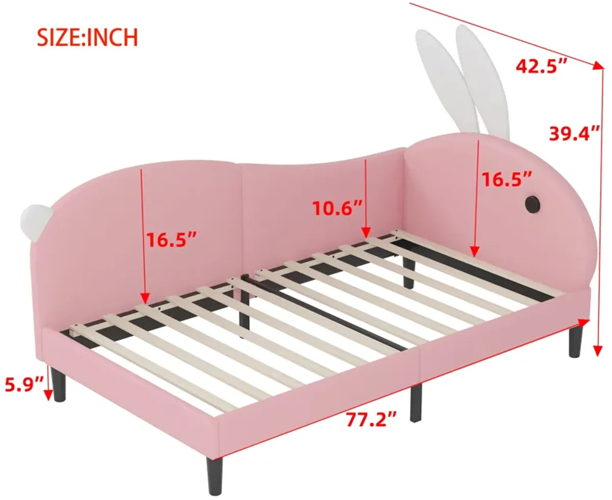 Twin size Upholstered Rabbit-Shape Daybed, Sofabed with Rabbit Ear Headboard, Pink