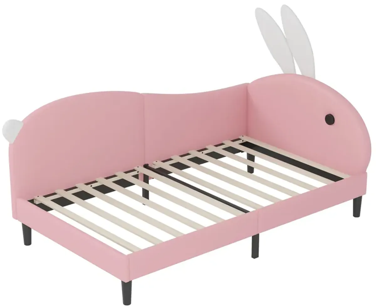 Twin size Upholstered Rabbit-Shape Daybed, Sofabed with Rabbit Ear Headboard, Pink