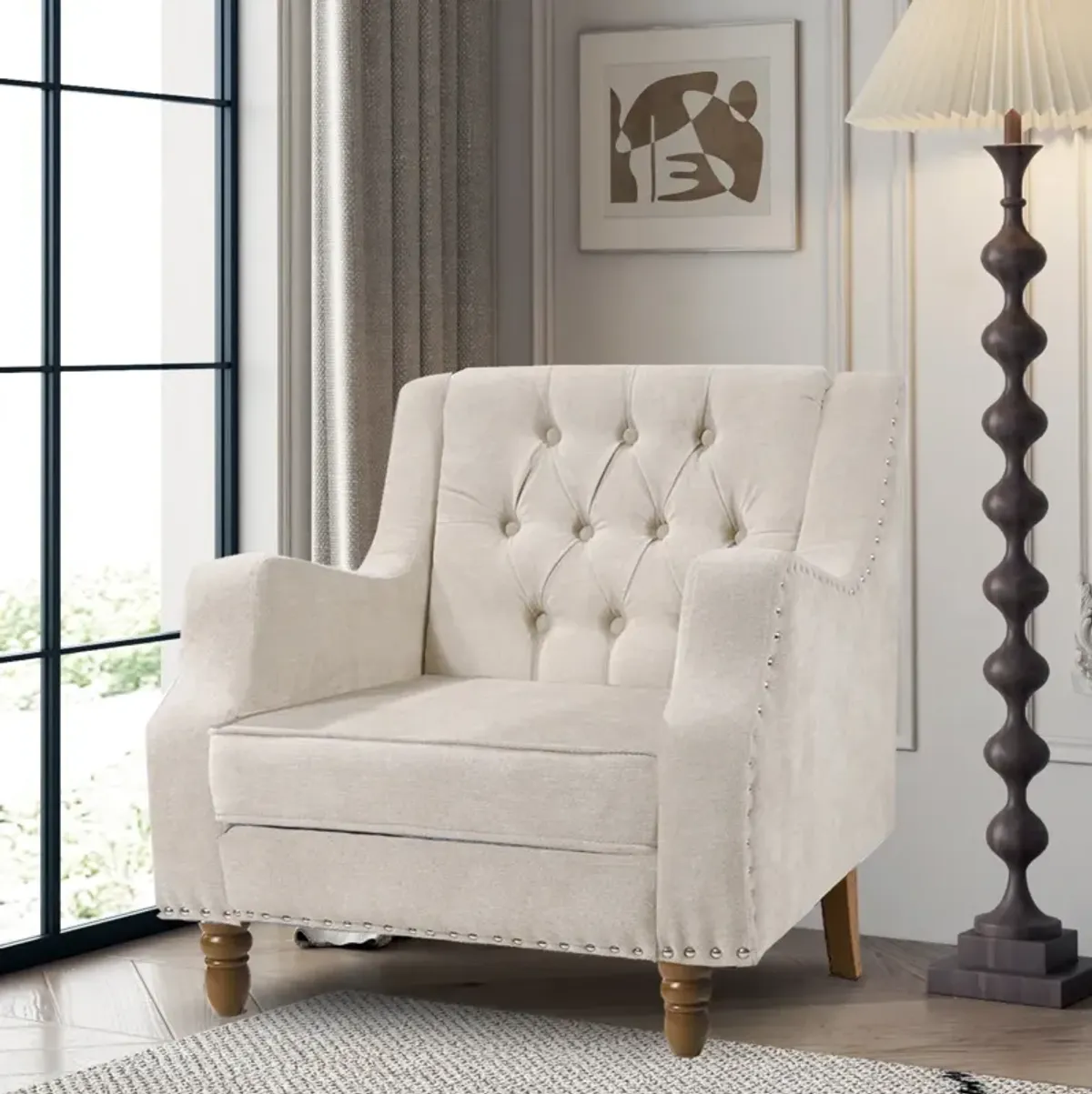 Mondawe Modern Accent Chair, Button Tufted Upholstered Armchair with Vintage Brass Studs