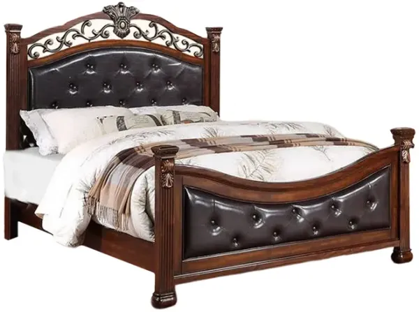 Jax Traditional Queen Size Bed, Tufted Upholstered Headboard, Cherry Brown - Benzara