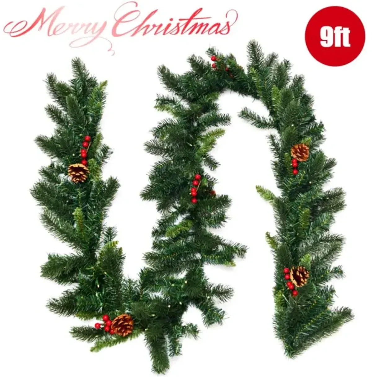 Hivvago 9 Feet Pre-lit Artificial Christmas Garland Red Berries with LED