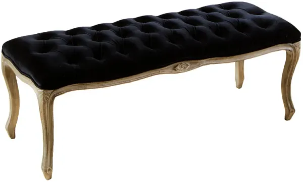 Kopa Bench Footstool, Tufted Black, Brown Wood, Curved Legs, 46 Inch - Benzara