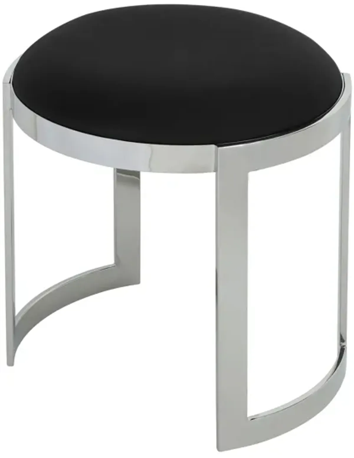 Niyo 19 Inch Accent Stool Ottoman Ottoman, Round Black Faux Leather, Silver - Benzara