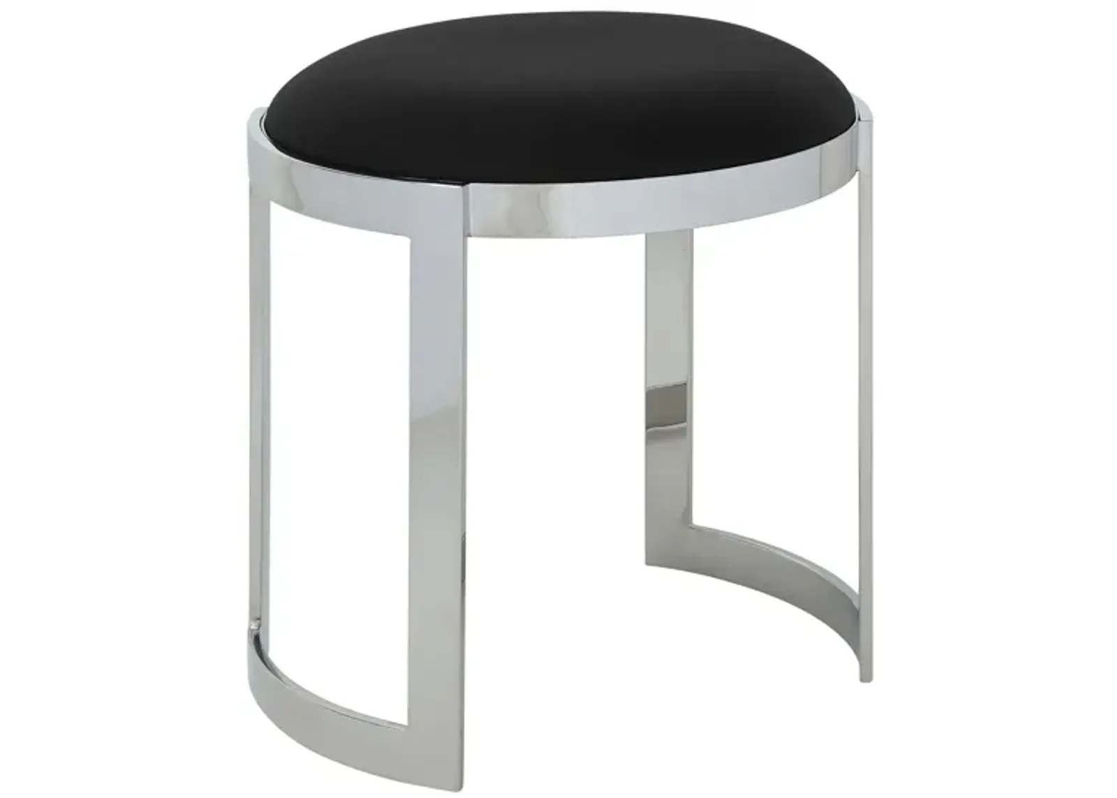 Niyo 19 Inch Accent Stool Ottoman Ottoman, Round Black Faux Leather, Silver - Benzara