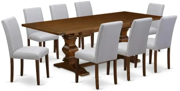 East West Furniture LAAB9-88-05 9Pc Dining Table Set Consists of a Dinette Table and 8 Parson Dining Chairs with Light Sable Color Linen Fabric, Medium Size Table with Full Back Chairs, Distressed Jac