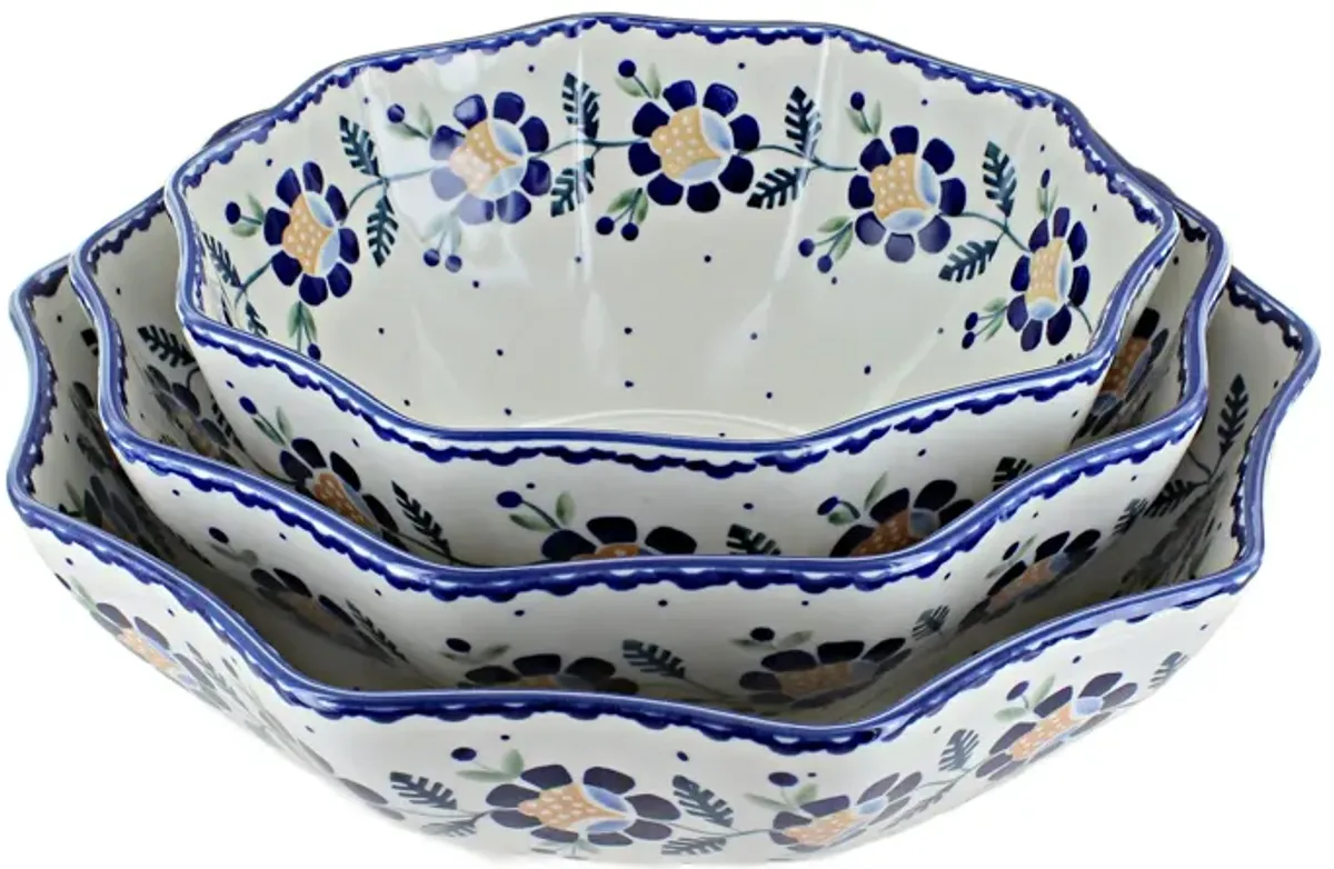 Blue Rose Polish Pottery Jungle Bouquet Decagonal Serving Bowl Set