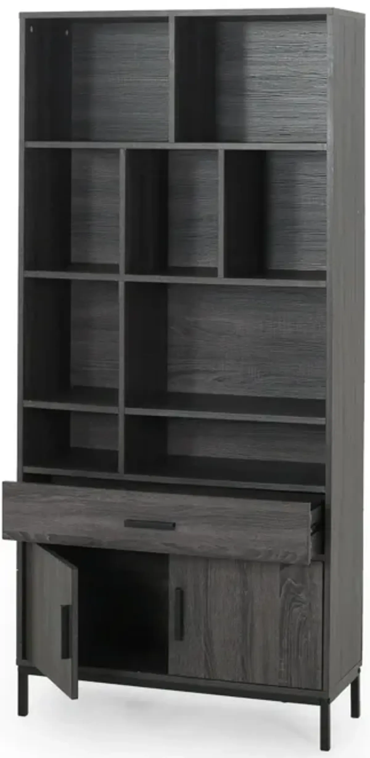 Eby Cube Bookcase, 9 Storage Spaces, Drawer, Cabinet 67 Inch Dark Gray - Benzara