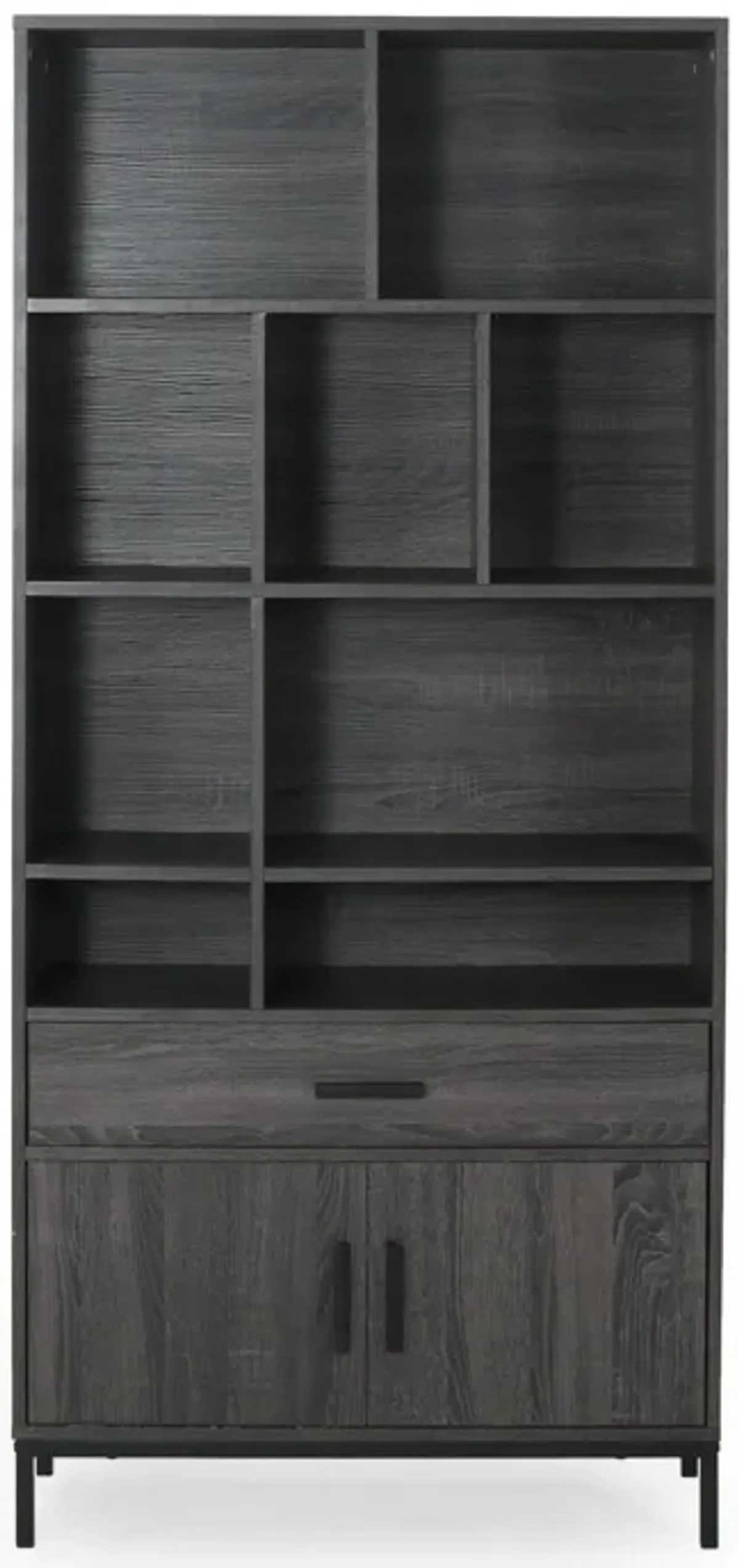 Eby Cube Bookcase, 9 Storage Spaces, Drawer, Cabinet 67 Inch Dark Gray - Benzara