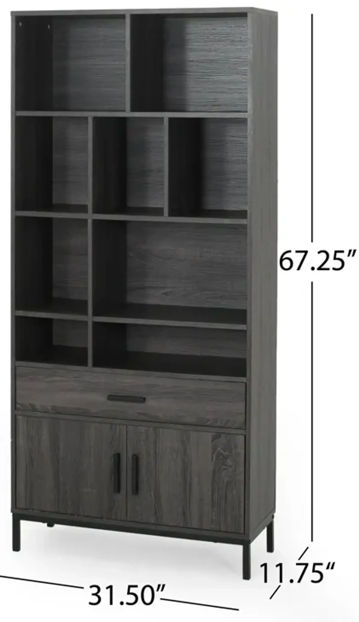 Eby Cube Bookcase, 9 Storage Spaces, Drawer, Cabinet 67 Inch Dark Gray - Benzara