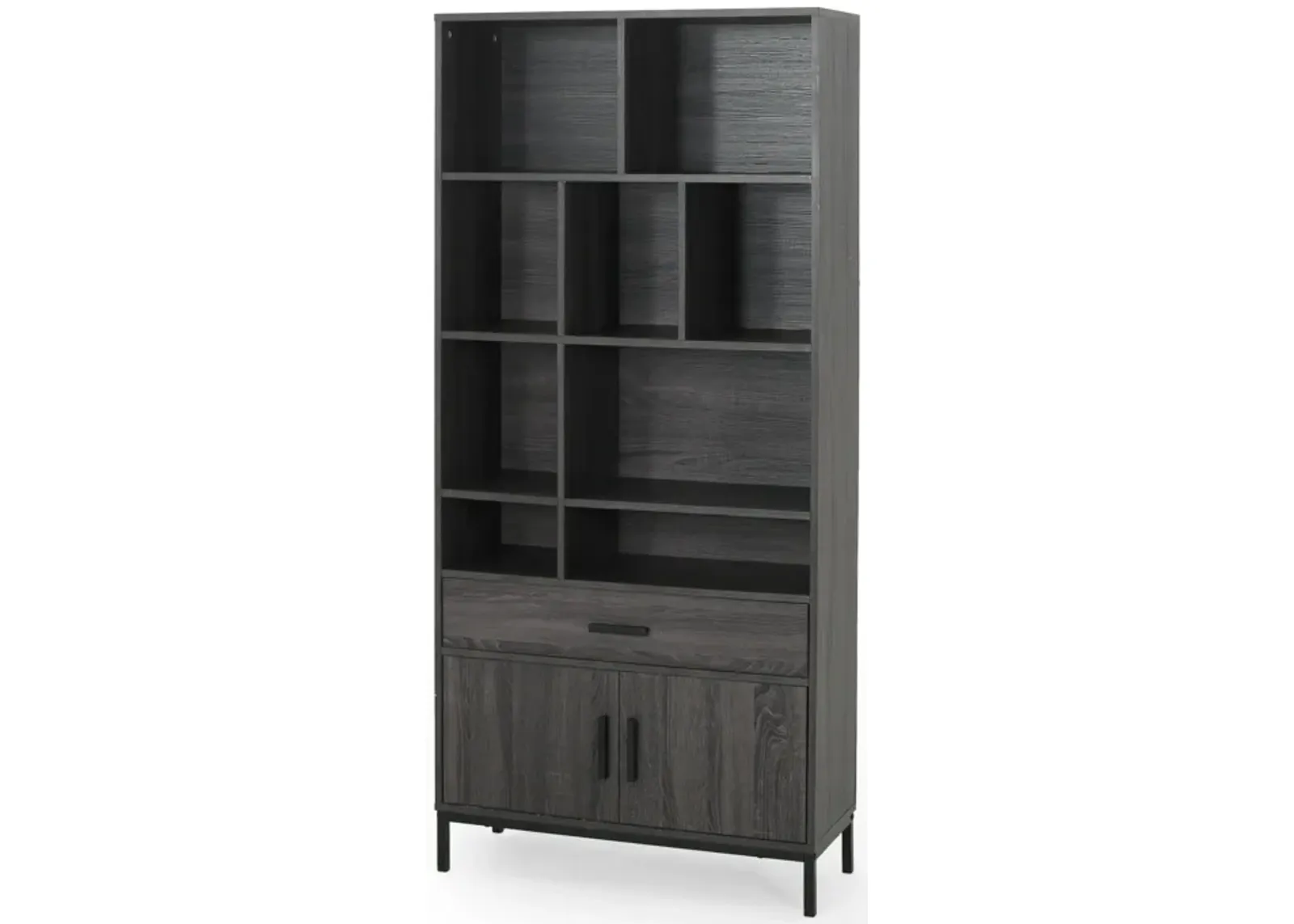 Eby Cube Bookcase, 9 Storage Spaces, Drawer, Cabinet 67 Inch Dark Gray - Benzara