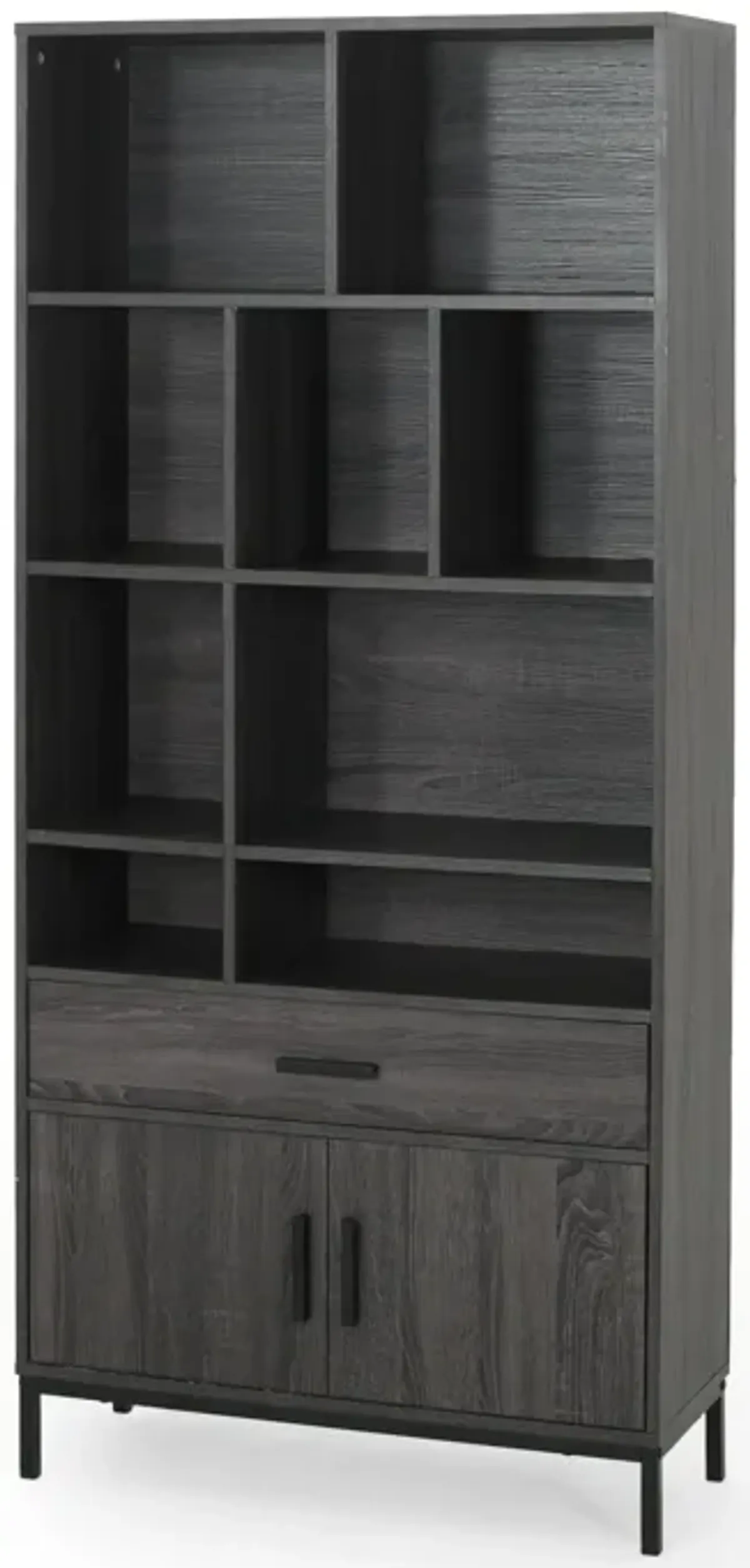 Eby Cube Bookcase, 9 Storage Spaces, Drawer, Cabinet 67 Inch Dark Gray - Benzara