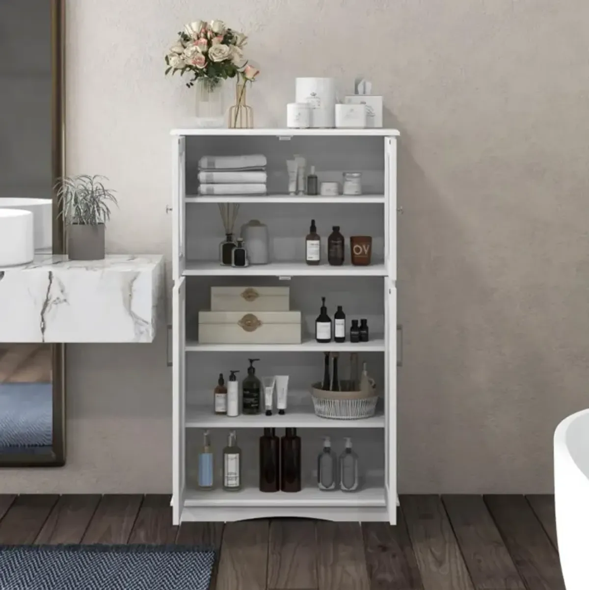 4 Doors Freeestanding Bathroom Floor Cabinet with Adjustable Shelves