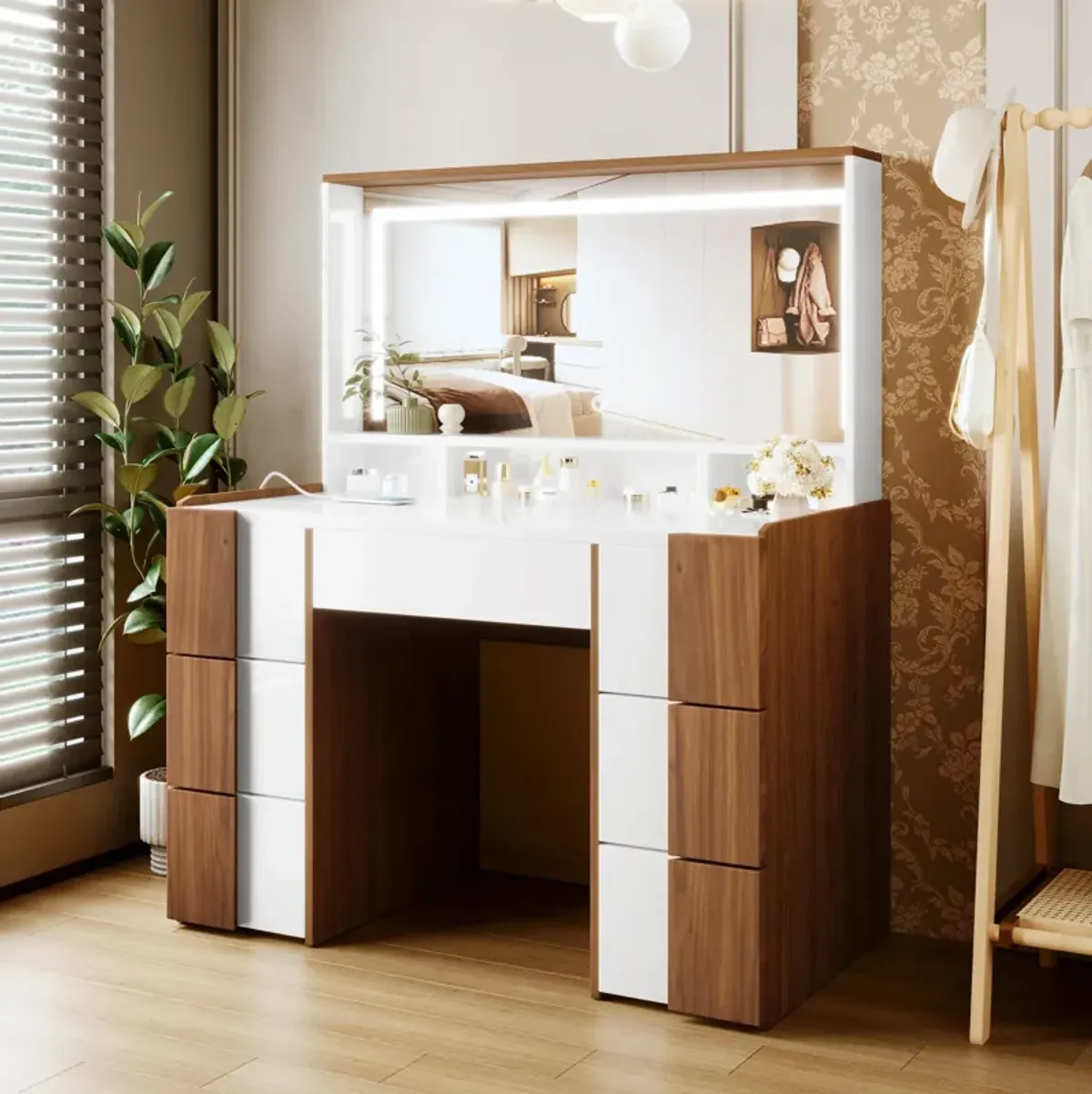 Merax Elegant Vanity Table with Mirror and  Power Outlet