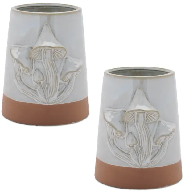 Set of 2 Tapered Porcelain Planters with Mushroom Accents for Indoor Decor