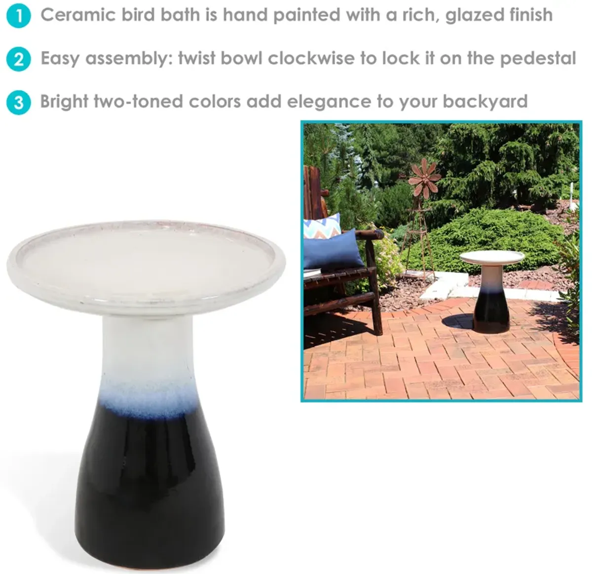 Sunnydaze Subtle Transitions Ceramic Bird Bath - 18.5 in