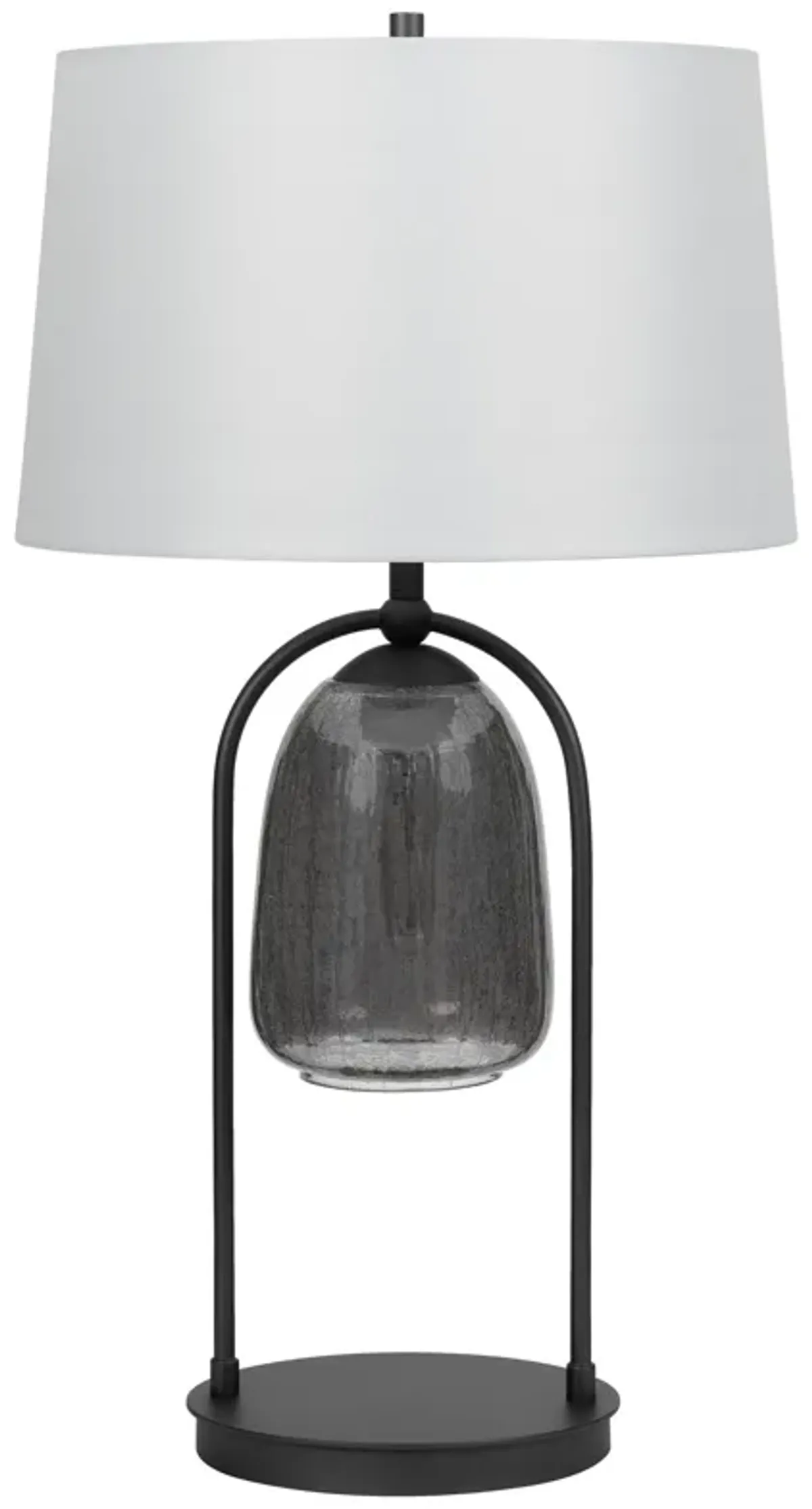 31 Inch Table Lamp, Crackled Black Glass w Night Light, White Shade - Benzara
