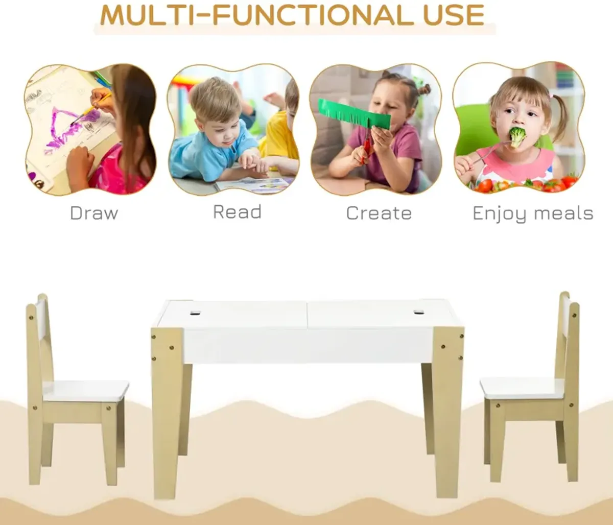 White Kids' Activity Center: 3-Piece Table & Chair Set with Storage