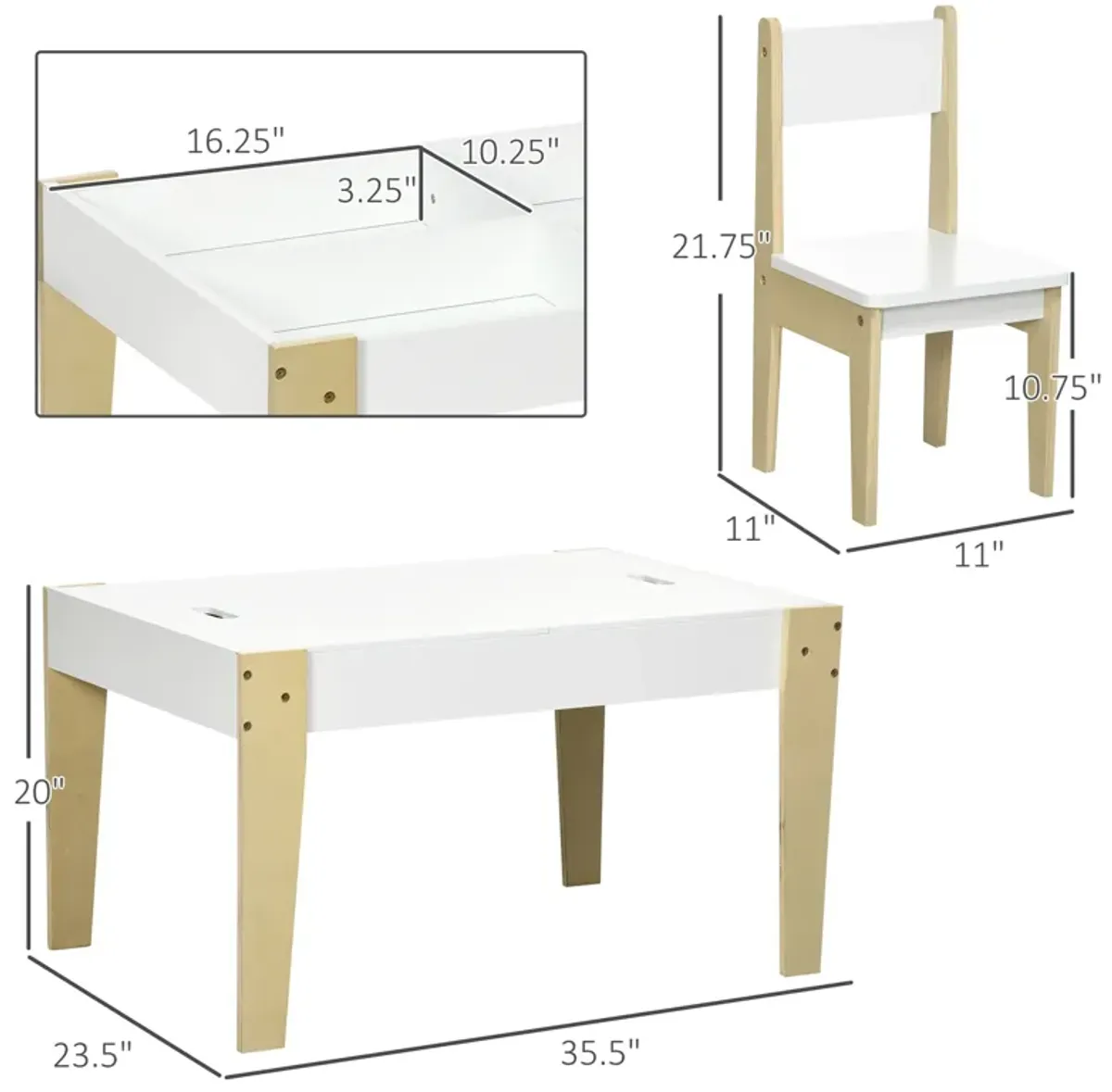 White Kids' Activity Center: 3-Piece Table & Chair Set with Storage