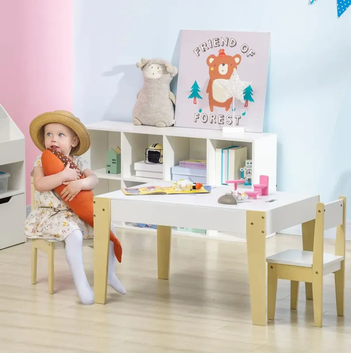 White Kids' Activity Center: 3-Piece Table & Chair Set with Storage