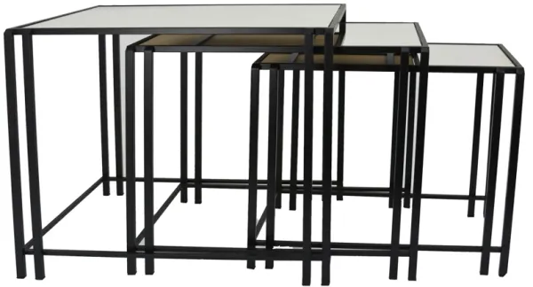 Buckley Nesting Plant Stand Table Set of 2, Black Metal, Mirrored Top - Benzara