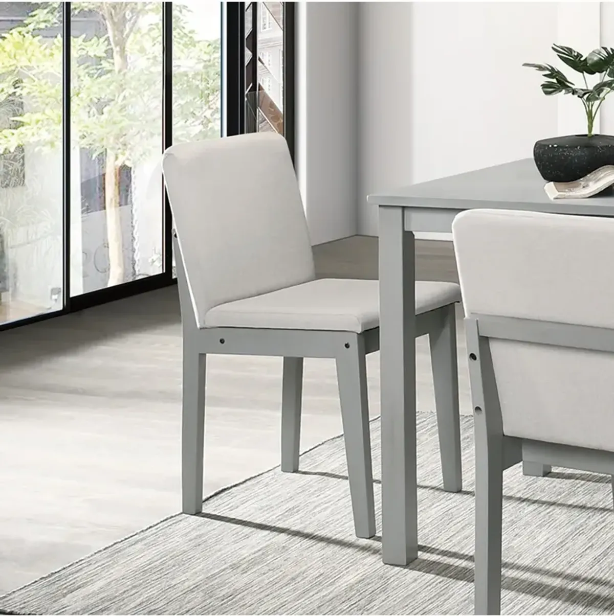 Grey Finish 5pc Dining Room Set Dining Table 4x Chairs Beige Fabric Chair Seat Kitchen Breakfast Dining room Furniture Rubberwood Veneer Unique Design