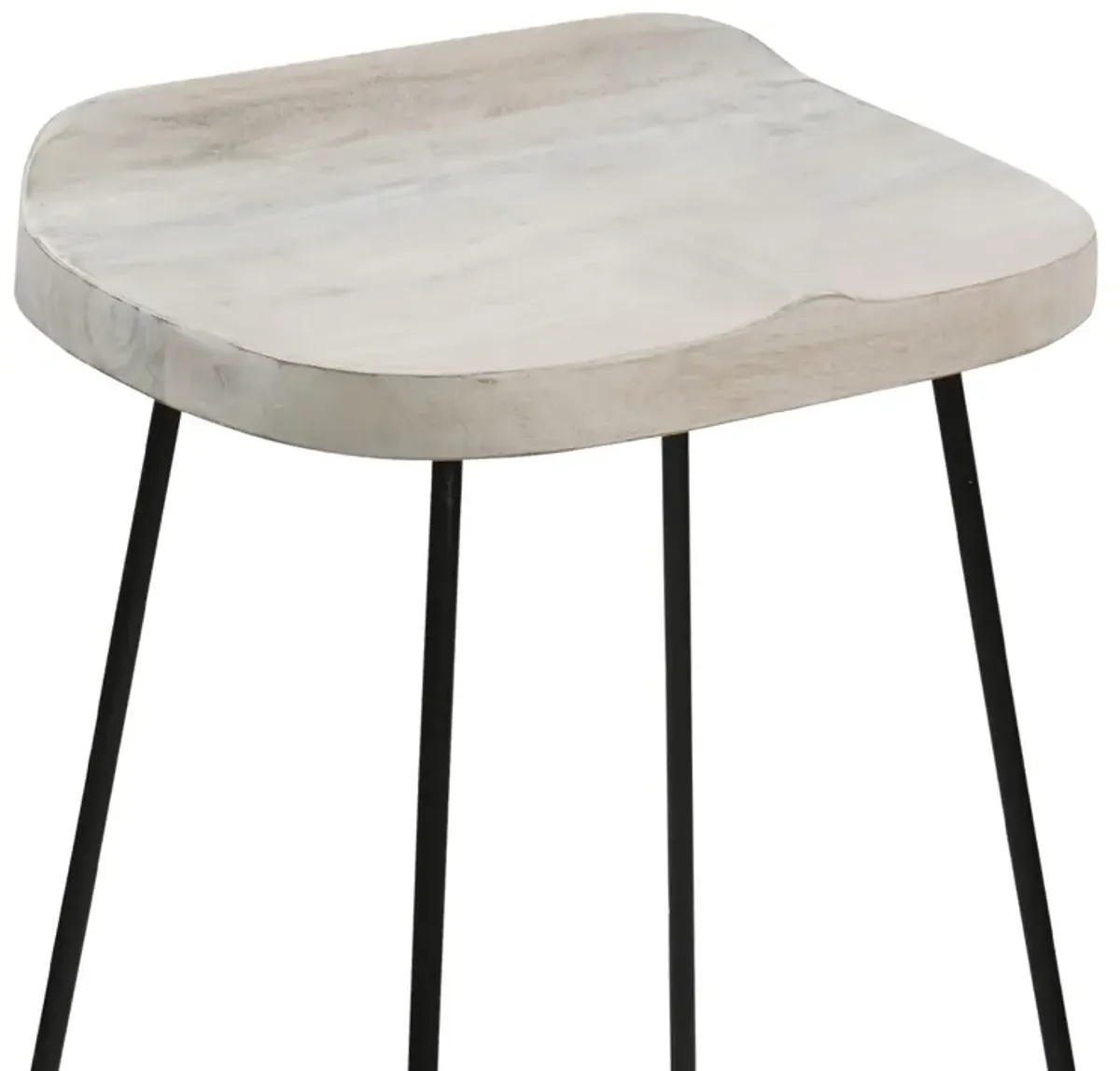 Tiva 30 Inch Handcrafted Backless Barstool, Whitewashed Mango Wood Saddle Seat, Black Metal Base-Benzara