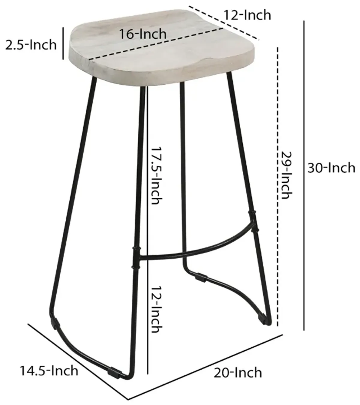 Tiva 30 Inch Handcrafted Backless Barstool, Whitewashed Mango Wood Saddle Seat, Black Metal Base-Benzara