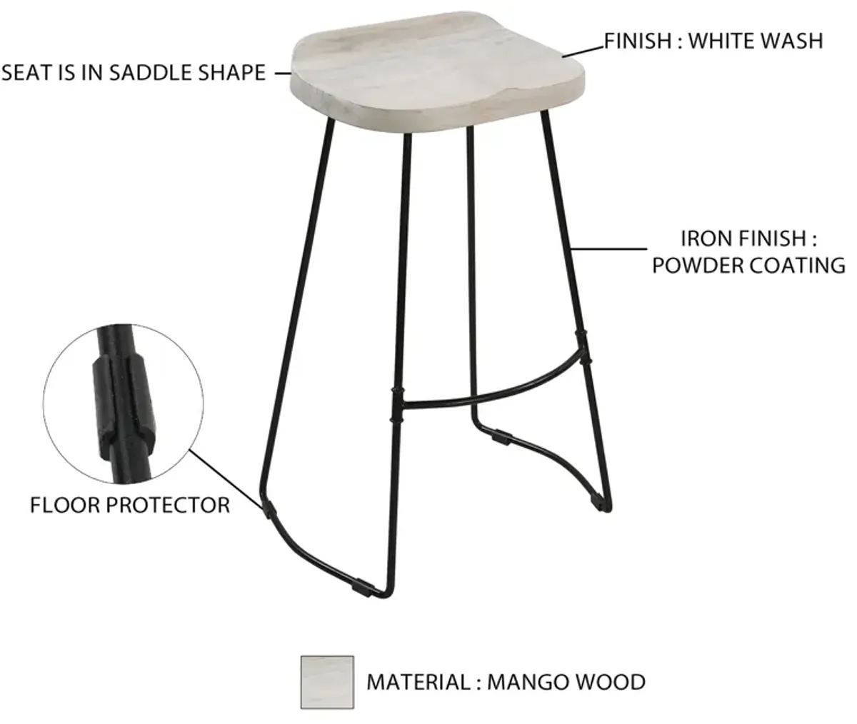 Tiva 30 Inch Handcrafted Backless Barstool, Whitewashed Mango Wood Saddle Seat, Black Metal Base-Benzara