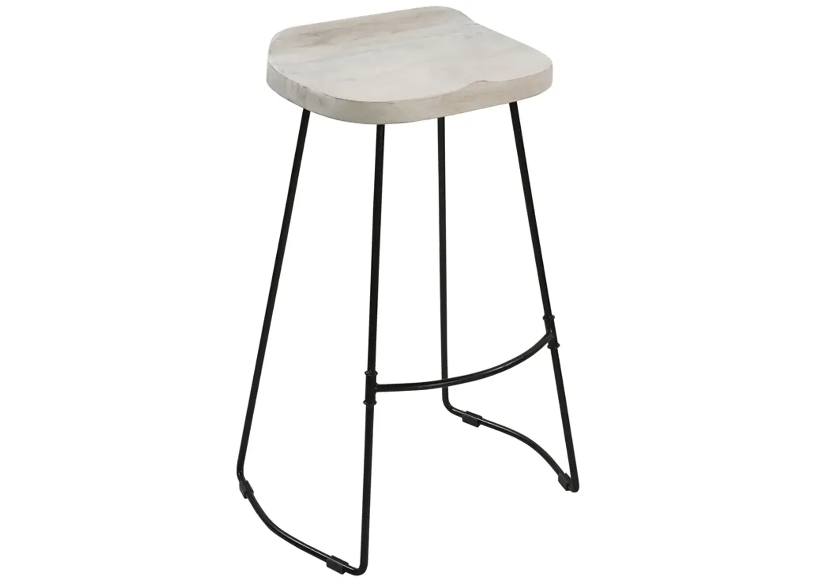 Tiva 30 Inch Handcrafted Backless Barstool, Whitewashed Mango Wood Saddle Seat, Black Metal Base-Benzara