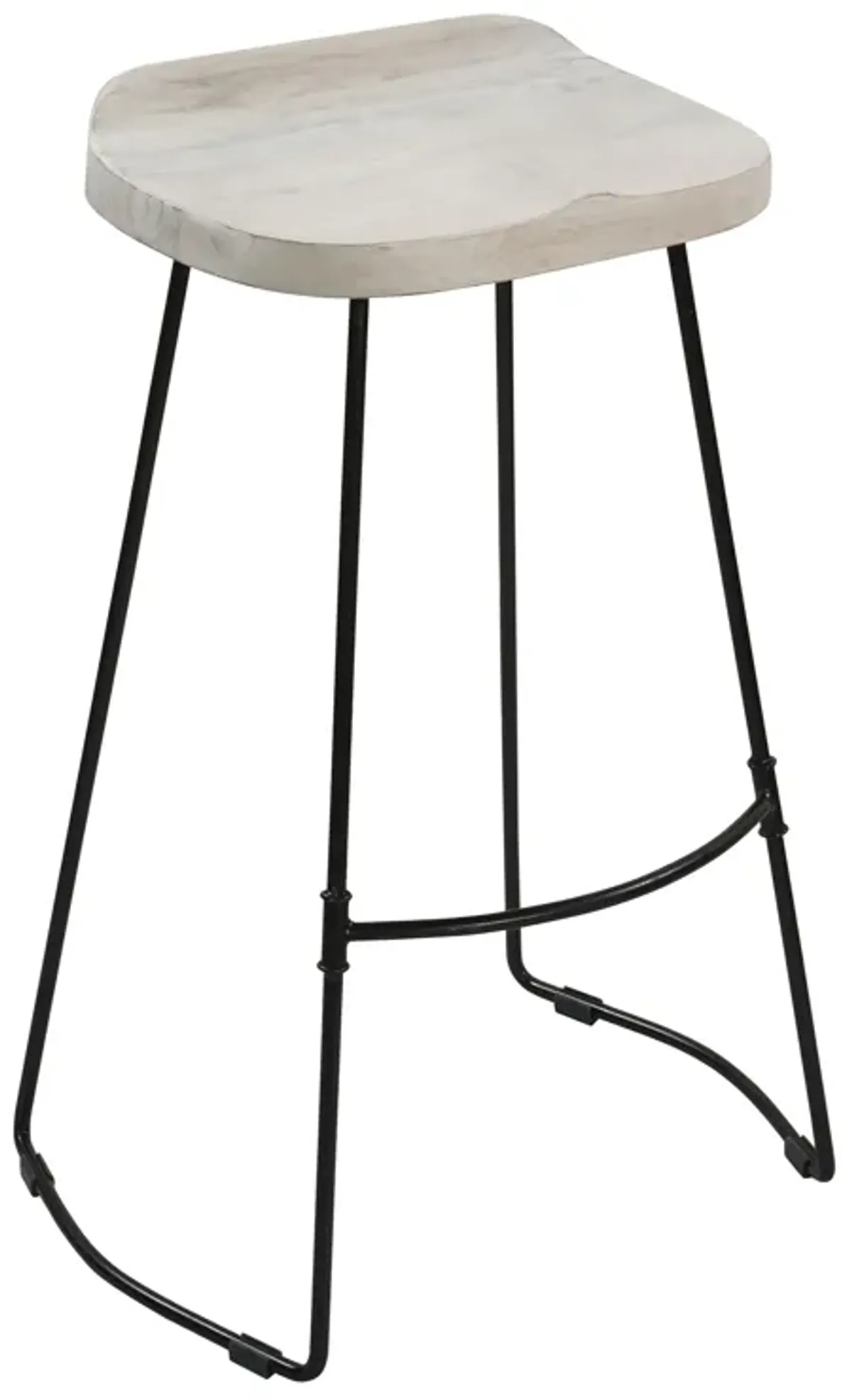 Tiva 30 Inch Handcrafted Backless Barstool, Whitewashed Mango Wood Saddle Seat, Black Metal Base-Benzara