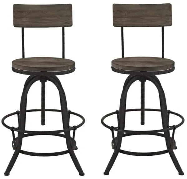 Modway Procure Rustic Farmhouse Pine Wood and Cast Iron Adjustable Height Two Bar Stools in Brown