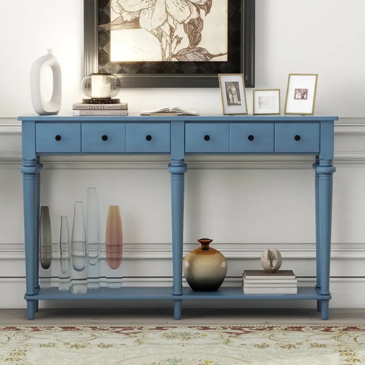 Gewnee Retro Console Table with 4 Drawers and Open Shelf (Navy Blue)